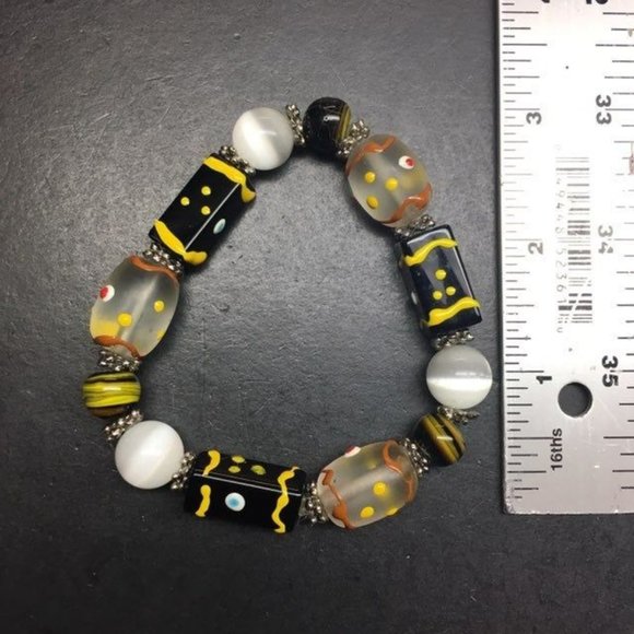 Glass Stretch Bracelet Black White Silver Yellow Red Brown Moonstone Retro BoHo - Picture 3 of 3